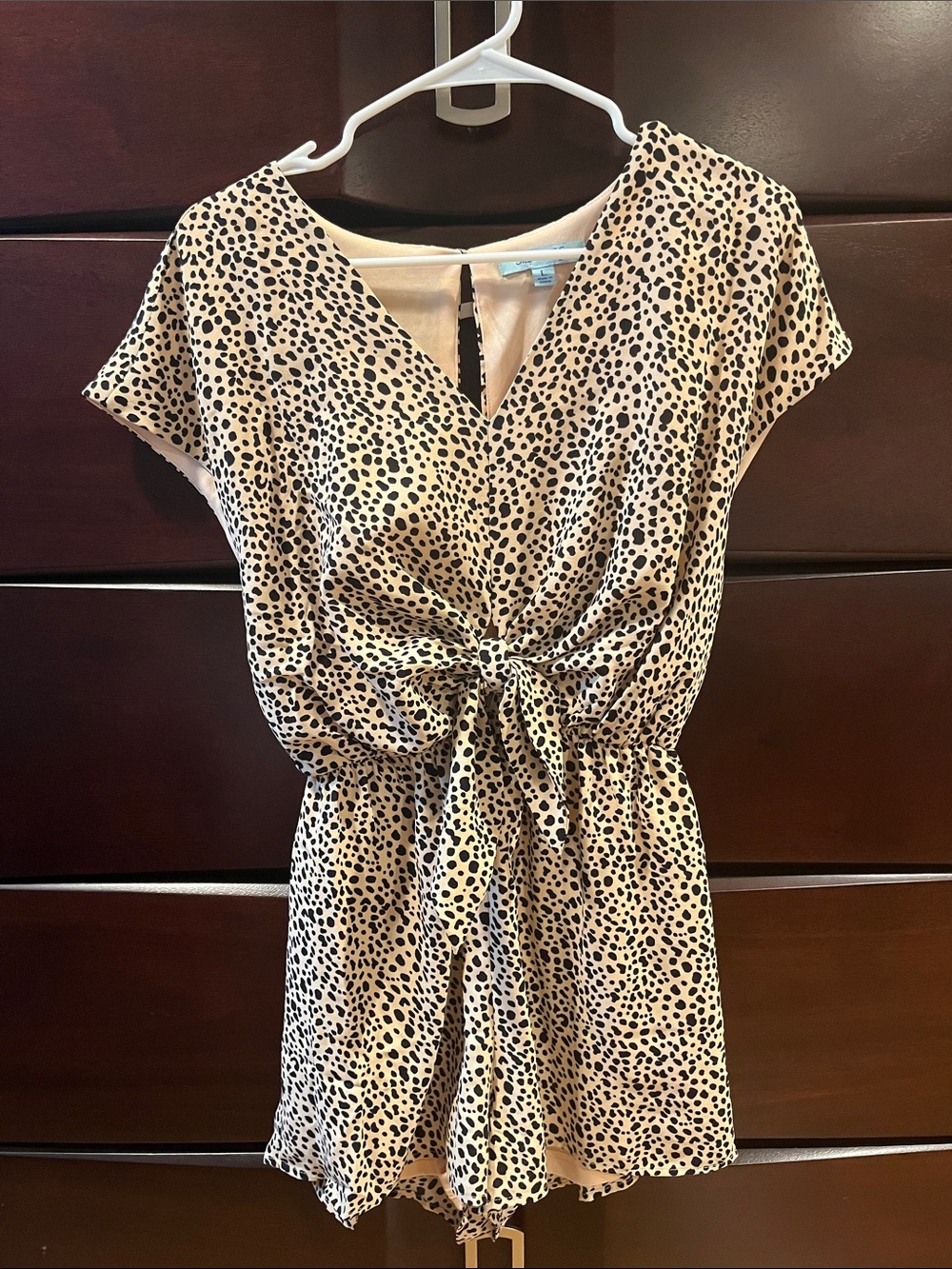 She and Sky Tan and Black Leopard-Print Tie-Front Romper